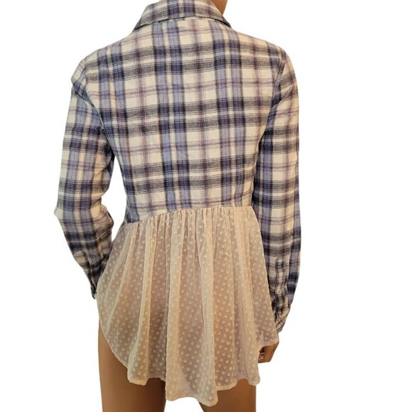 Anthropologie Holding Horses Womens Small Blue Beige Flannel Plaid Sheer Back - Picture 3 of 13